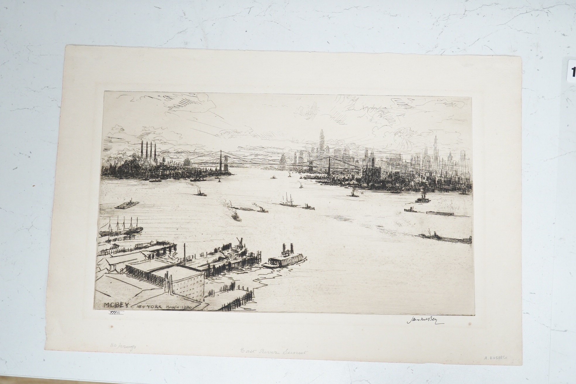 James McBey (1883-1959), drypoint etching, 'New York, March 1930' (East River, Sunset), signed in ink and numbered XXXVI, 20.5 x 35cm. Condition - essentially good condition; Unmounted, slight paper discolouration, acid